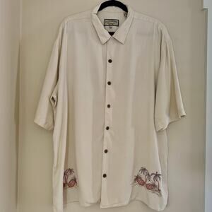 Pusser’s Island Style Men’s Silk Shirt XL Beige Embroidered Pineapples Palm Tree